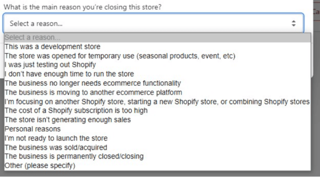 Wähle Grund und klicke "Weiter" zum Kündigen des Shopify-Abonnements.